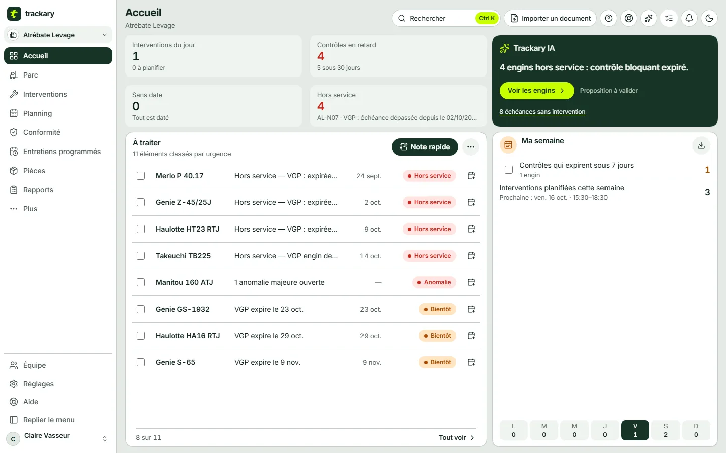 Capture de l’accueil de Trackary : engins hors service, contrôles en retard, interventions du jour et liste « À traiter » classée par urgence, pour l’entreprise fictive Atrébate Levage.