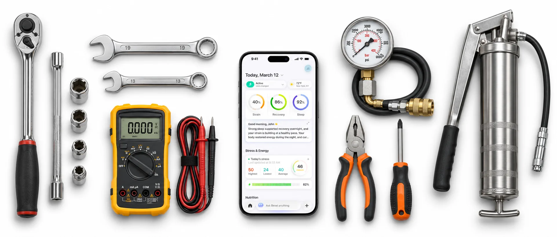 Construction equipment maintenance tools seen from above around an iPhone showing Trackary: ratchet and sockets, open-ended spanners, multimeter, hydraulic pressure gauge, pliers, screwdriver and grease gun.